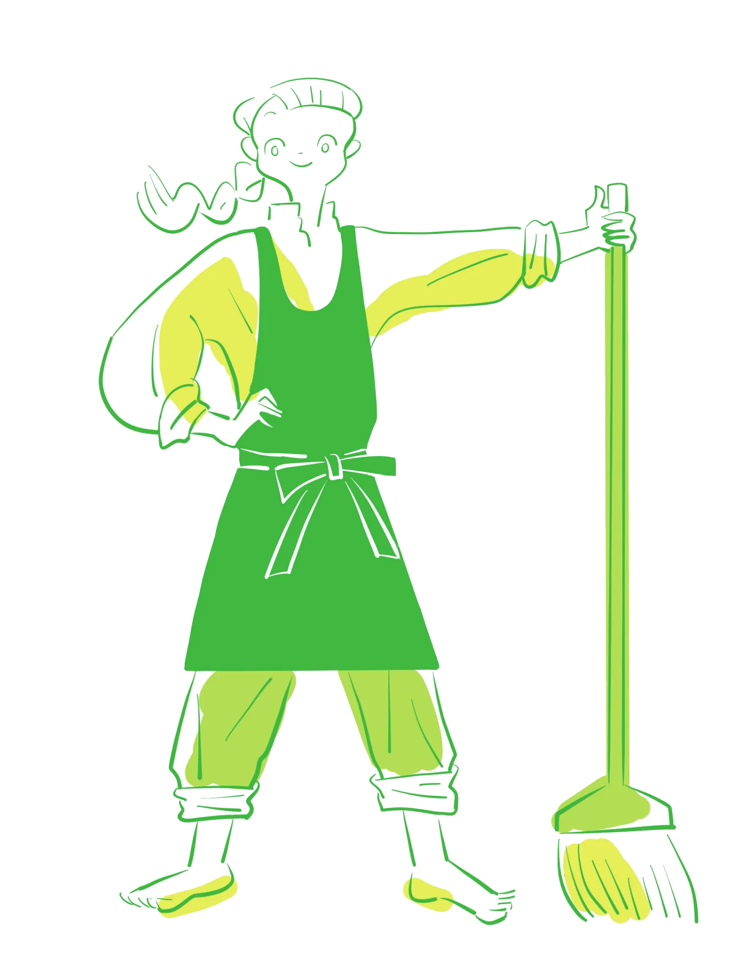 エプロン姿でほうきを持って立つURIのスタッフのイラスト